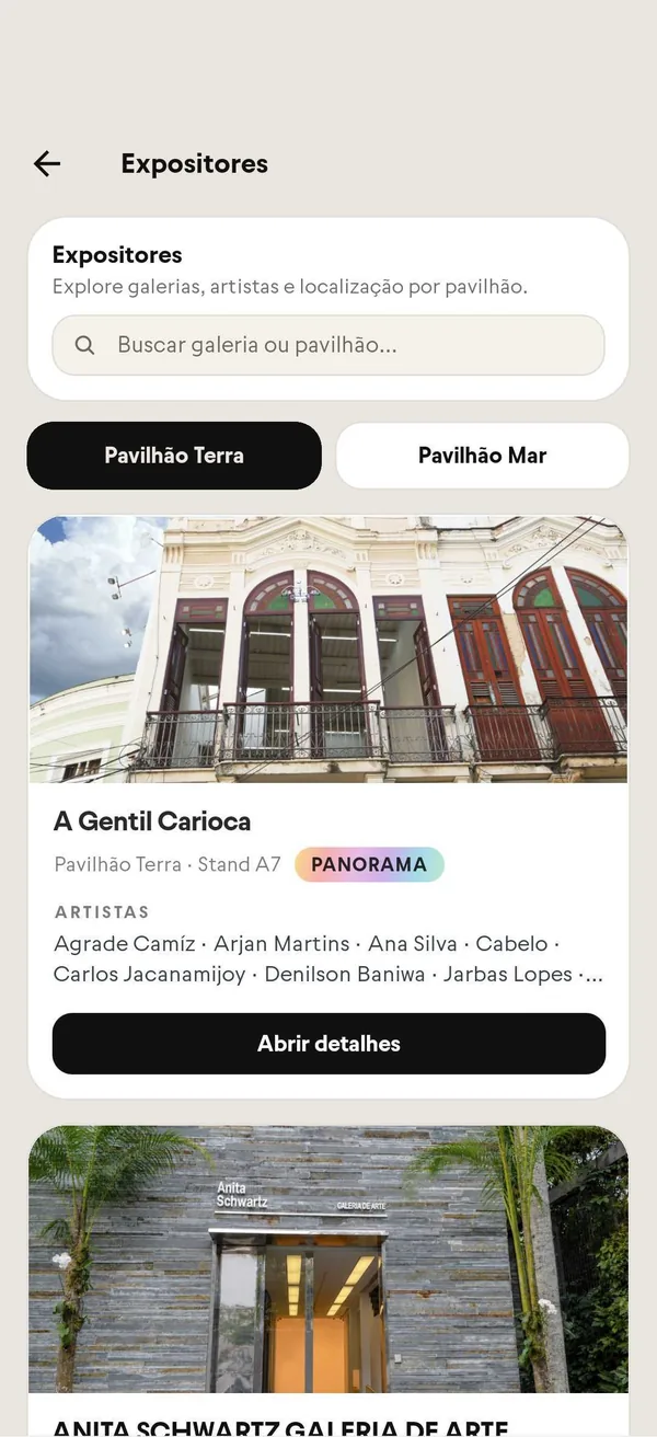quem está no evento: tela do app no ar · feira de arte