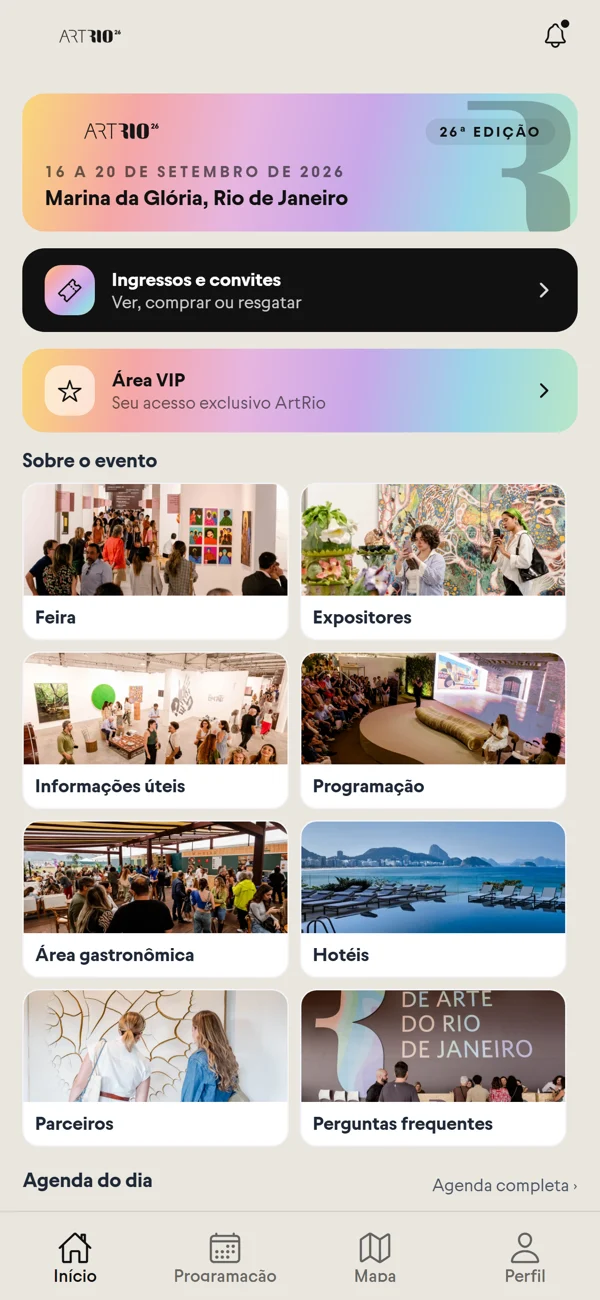início do app: tela do app no ar · feira de arte