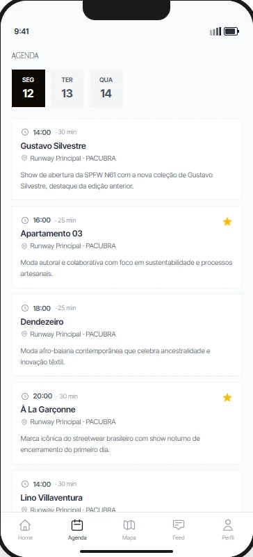 agenda de desfiles: tela do protótipo · semana de moda