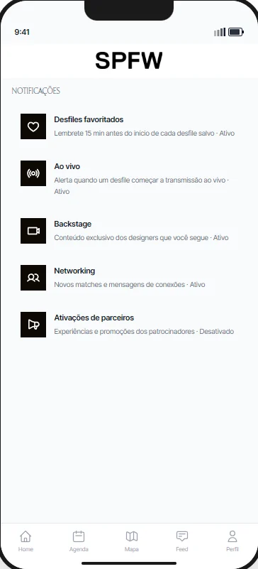 push na hora certa: tela do protótipo · semana de moda